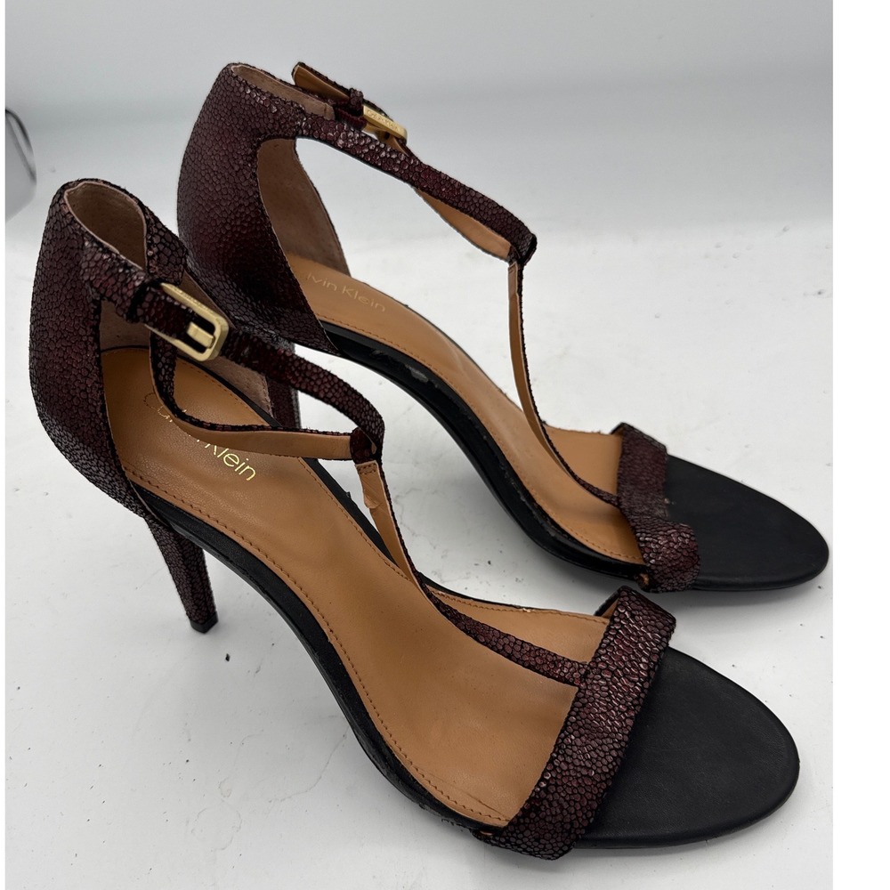 Calvin Klein Ginnie Burgundy Shimmer T Strap Stiletto Sandal Heels NWT Women